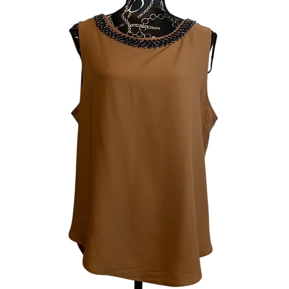 Sleeveless Blouse Beaded Neckline Brown Top Dressy Casual Elegant